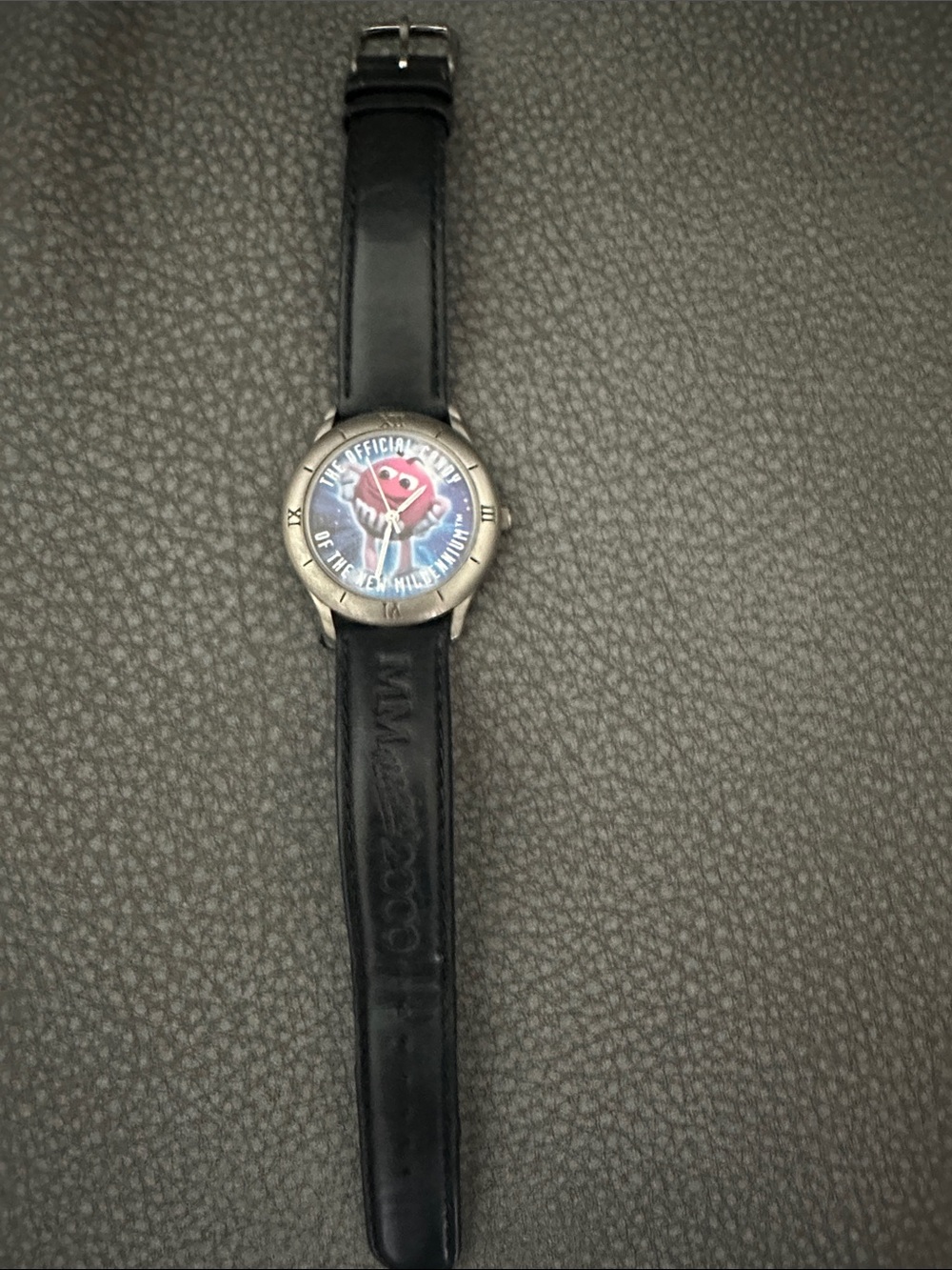 Mars M&M 1998 Limited Edition Black Leather Strap Novelty Watch Red Dial Accent
